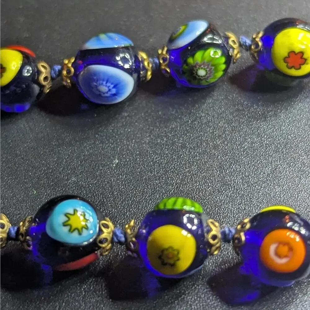 Vintage Millefiori Glass Bead Bracelet – Cobalt Blue w/ Multicolor Floral Canes